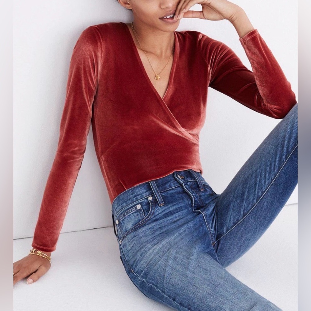 Madewell Velvet Wrap-Front Long Sleeved Bodysuit in Rusty Orange - Picture 1 of 7
